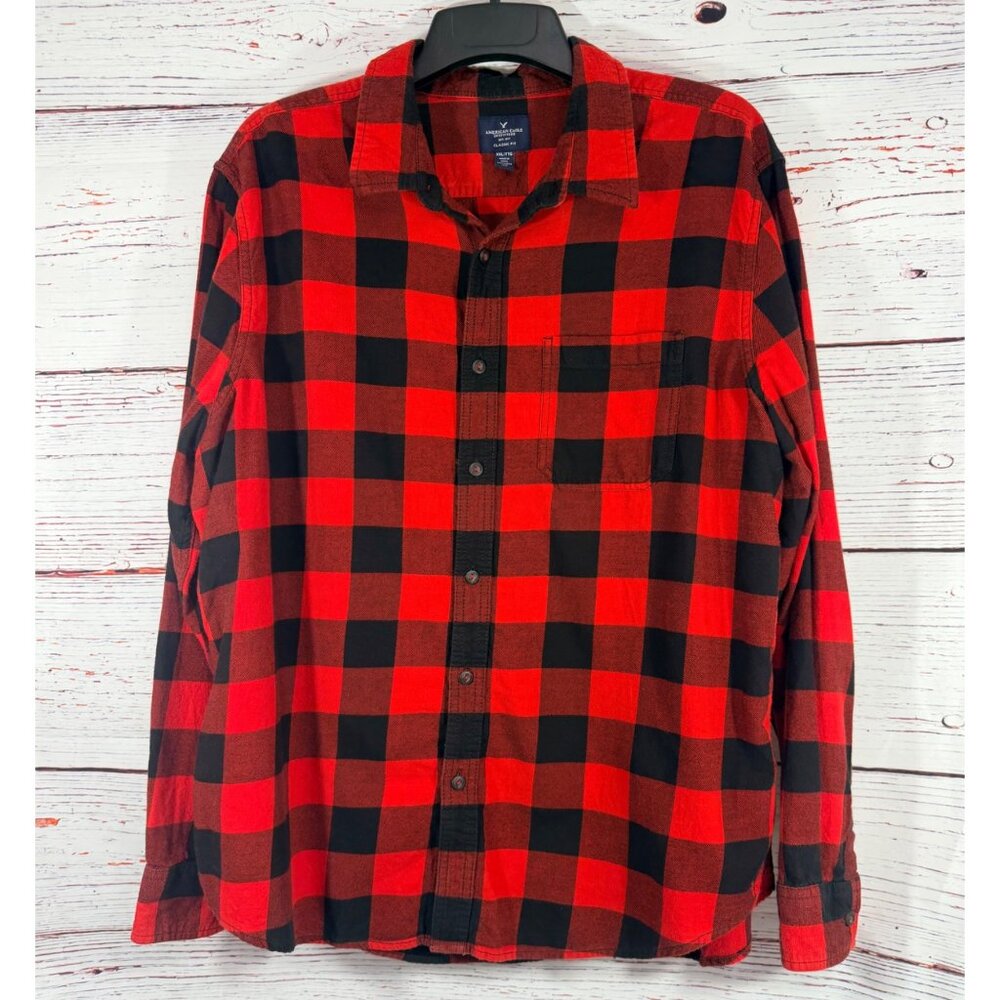American Eagle AEO Red & Black Plaid Button-Up Long Sleeve Flannel Shirt XXL Cla